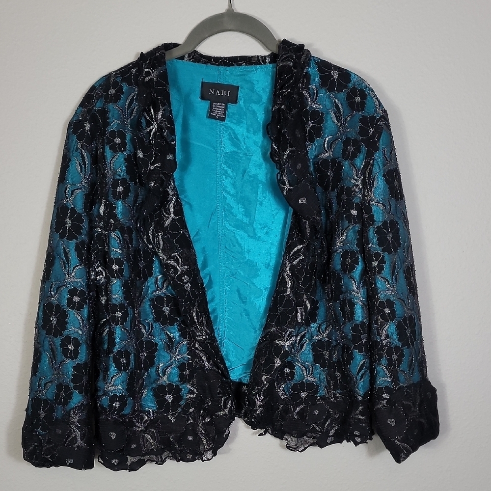 Nabi Y2K Open Lace Cardigan Topper Size L Black Whimsigoth Floral Sheer Vintage